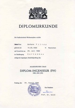 Diplomurkunde Fachhochschule Gartenbau